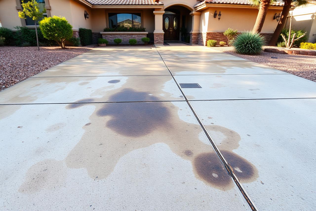 Stained concrete driveway before pressure washing